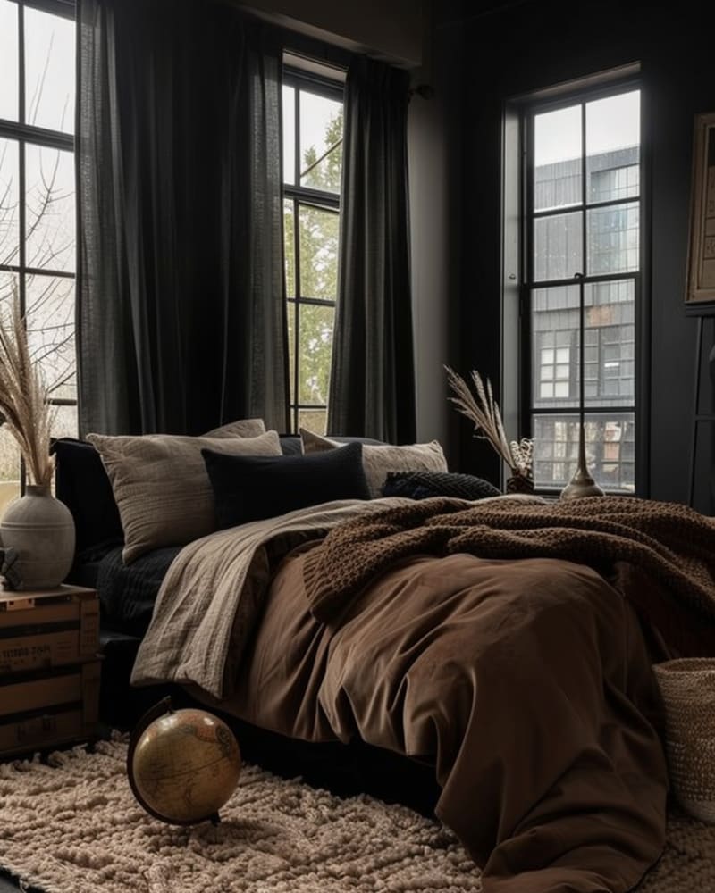 Modern dark bedroom featuring charcoal walls, tall windows, brown linen bedding, textural layering, pampas grass, cream rug, vintage globe, and moody minimalist design
