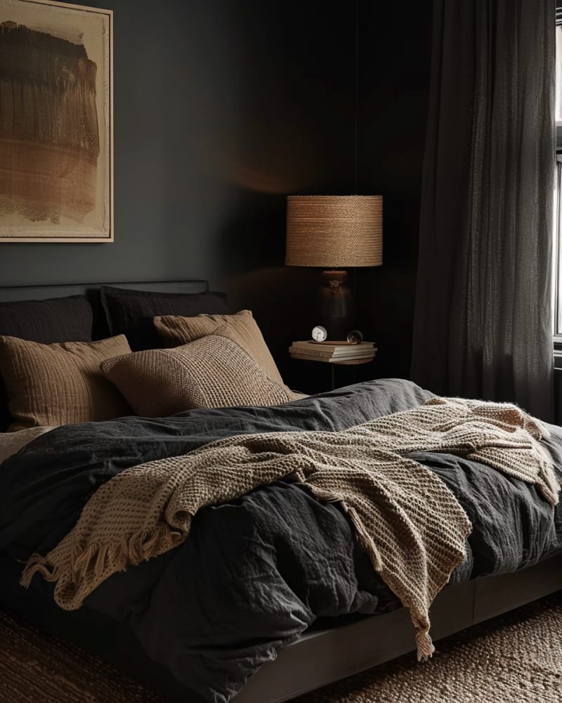 Modern dark bedroom featuring charcoal walls, textural layering with caramel knit throw, washed linen bedding, abstract art, rope lampshade, and moody minimalist design