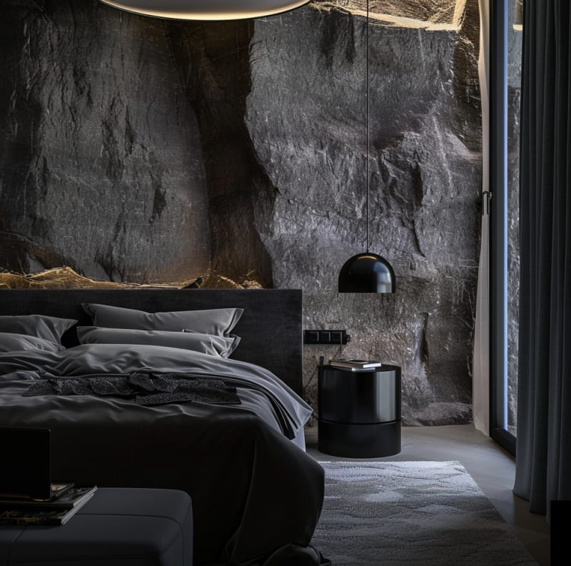 Modern dark bedroom featuring dramatic slate wall, black pendant lamp, monochromatic bedding, cylindrical nightstand, floor-to-ceiling windows, minimalist luxury design