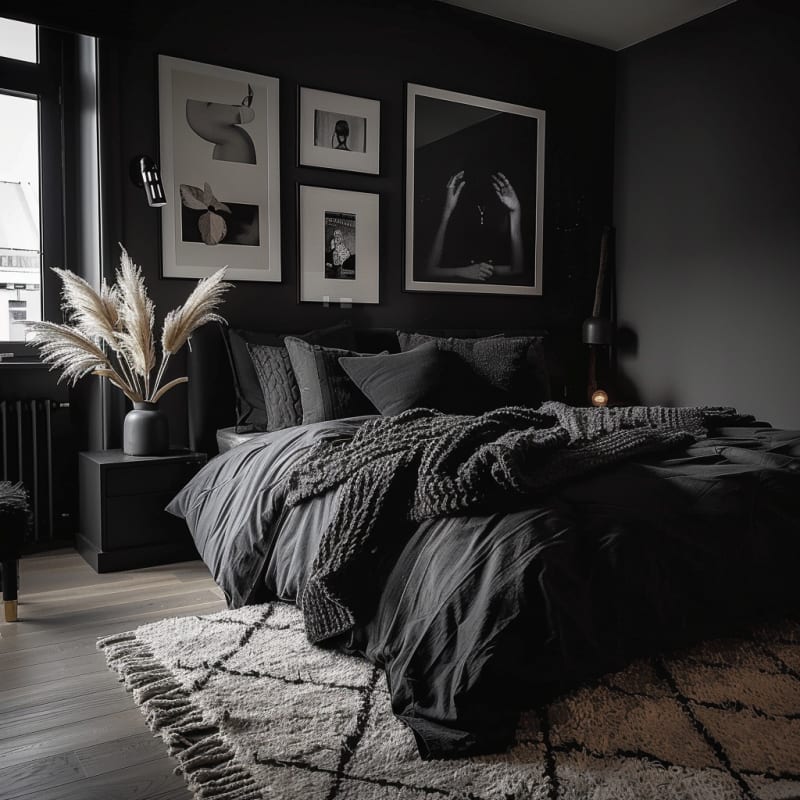 Modern dark bedroom featuring matte black walls, black and white gallery wall, chunky knit throw, textured bedding, pampas grass, Berber rug, monochromatic design