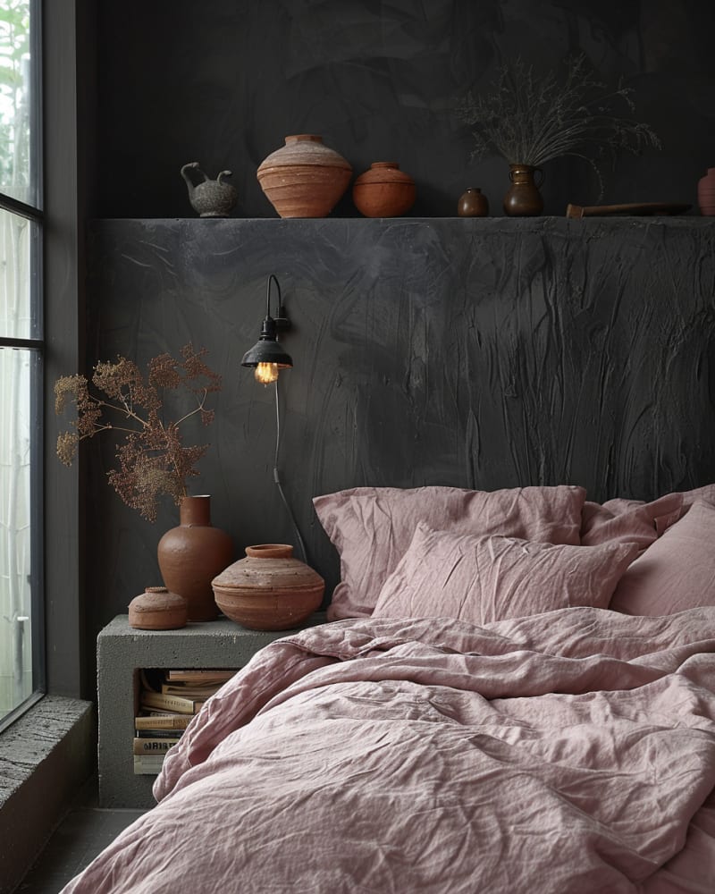 Modern dark bedroom featuring textured black walls, industrial sconce, terracotta pottery collection, dusty pink linen bedding, concrete nightstand, dried botanicals, and Wabi-Sabi design
