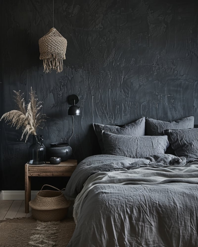 Modern dark bedroom featuring textured black walls, woven pendant light, linen bedding, rustic nightstand, dried pampas grass, jute basket, and moody minimalist design