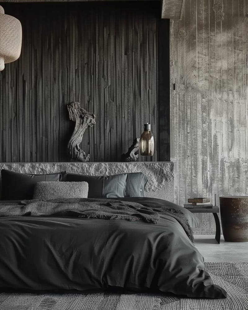 Modern dark bedroom featuring textured slate walls, rough stone headboard, black silk bedding, woven pendant light, driftwood decor, and monochromatic design