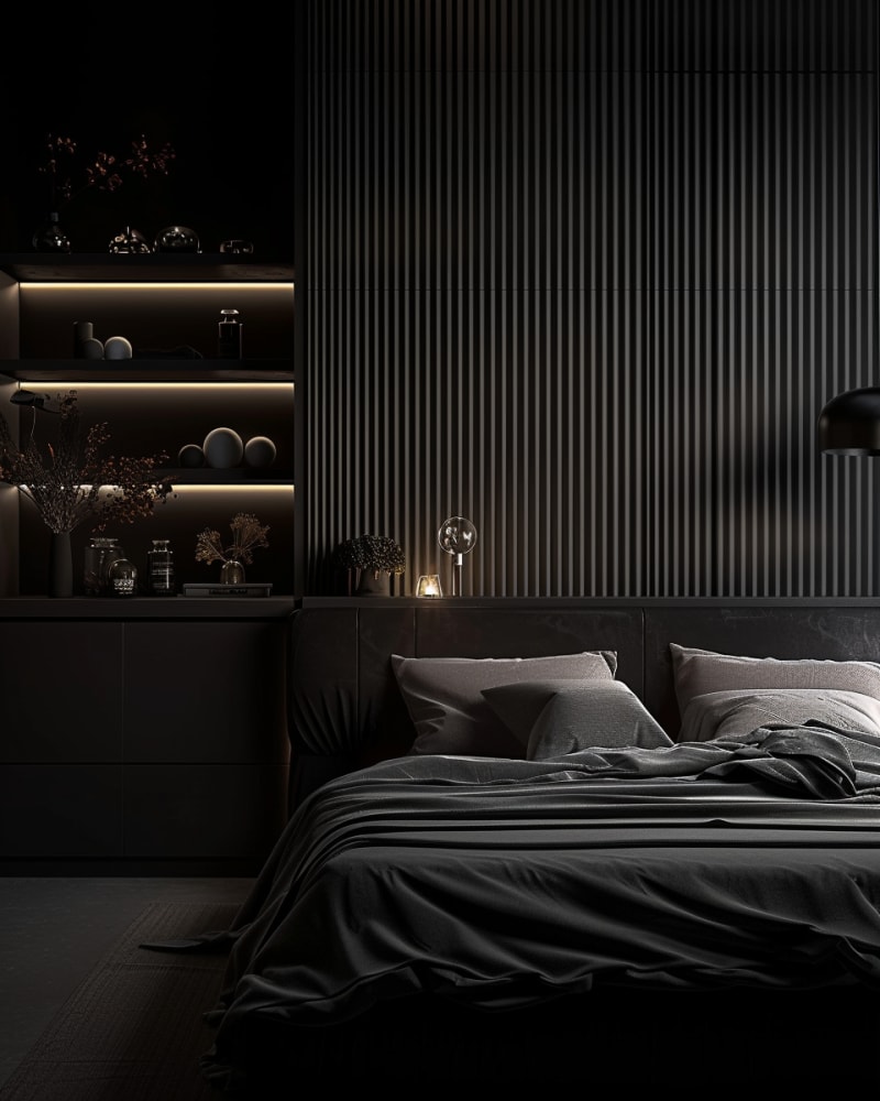 Modern dark bedroom featuring vertical paneled walls, built-in illuminated shelving, silk bedding, ambient lighting, minimalist decor, monochromatic design