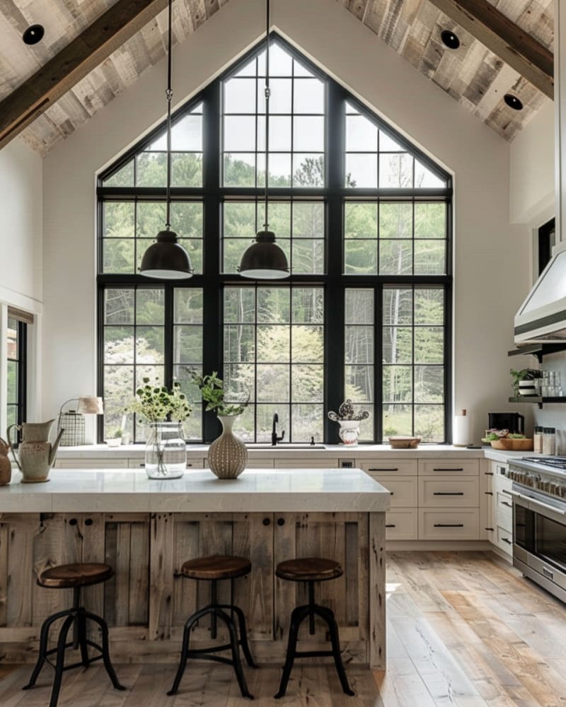 Modern farmhouse kitchen with dramatic cathedral window wall reclaimed wood beams white cabinetry industrial pendants and rustic island