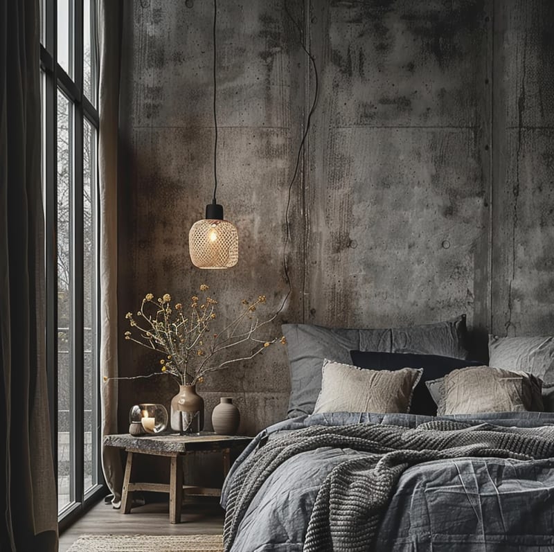 Modern industrial dark bedroom featuring raw concrete walls, woven glass pendant, textured bedding, rustic wooden stool, dried flowers, ambient lighting, minimalist design
