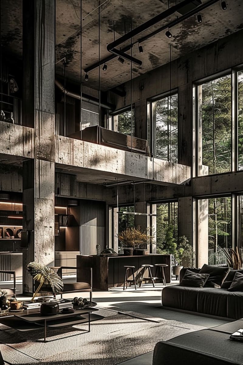 Modern industrial double height living room with raw concrete walls floor to ceiling windows forest view black modular sofa track lighting mezzanine level and open plan kitchen