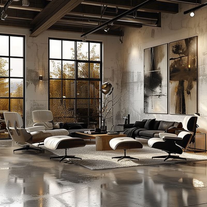 Modern industrial living room with Eames lounge chairs floor to ceiling windows autumn view concrete walls large abstract artwork polished concrete floors minimal design