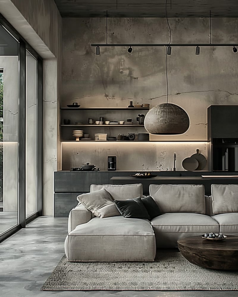 Modern industrial living room featuring concrete walls modular beige sofa black track lighting open shelving and floor to ceiling windows
