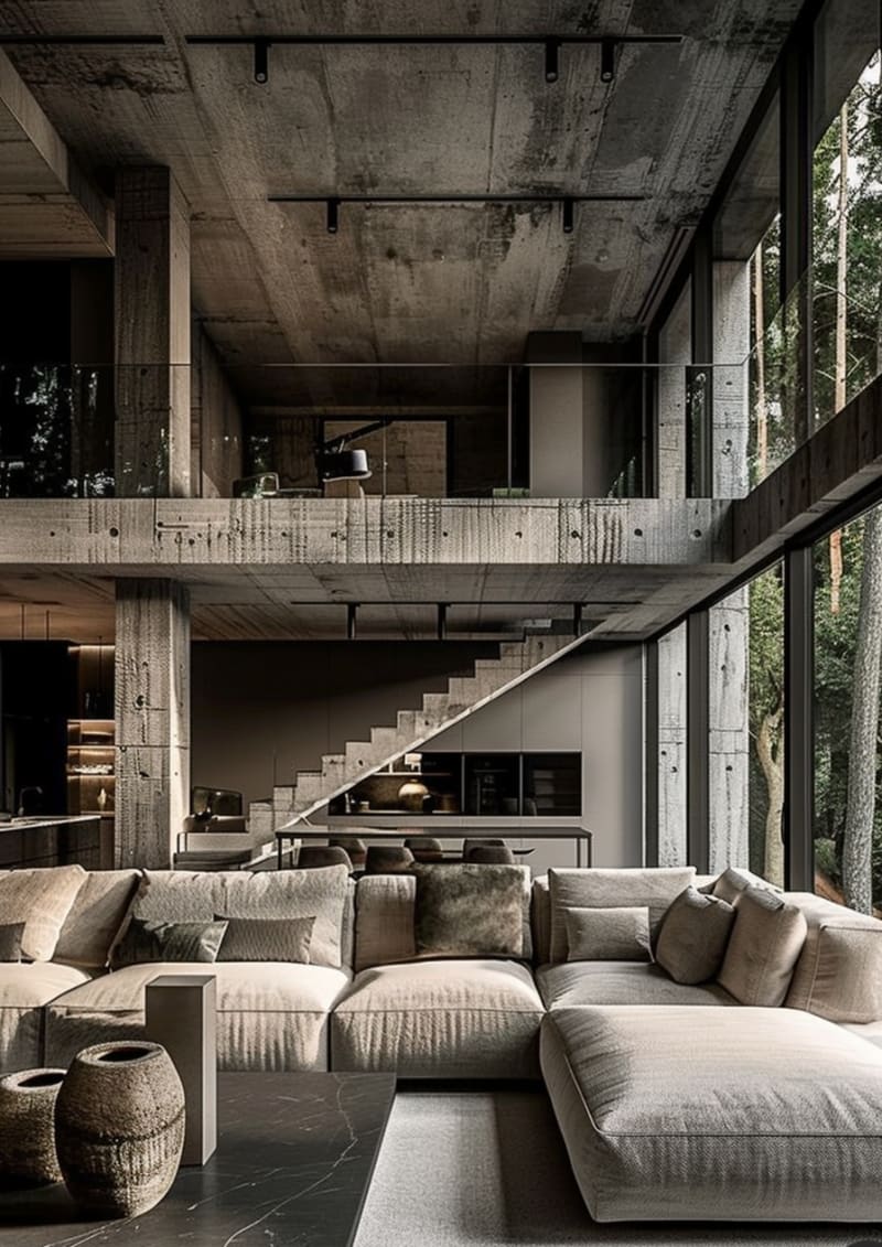Modern industrial living room featuring double height concrete walls soft modular sofa black marble floors forest views track lighting and mezzanine design