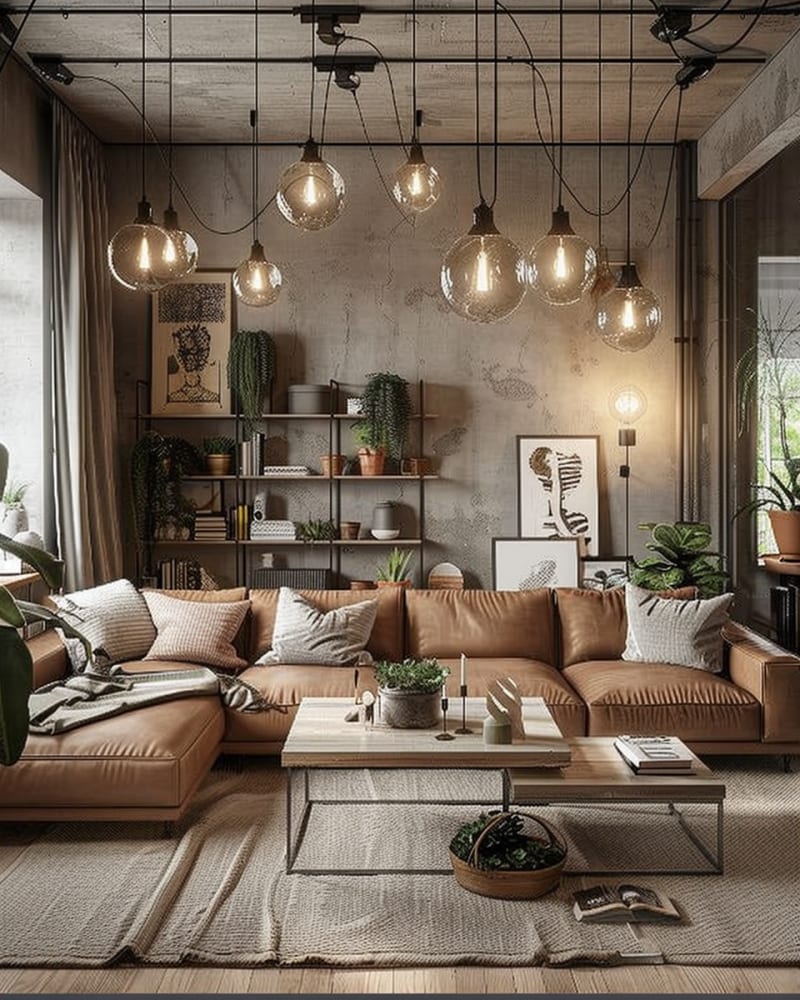 Modern industrial living room featuring glass globe pendant lights tan leather sectional sofa concrete walls metal shelving hanging plants and abstract artwork