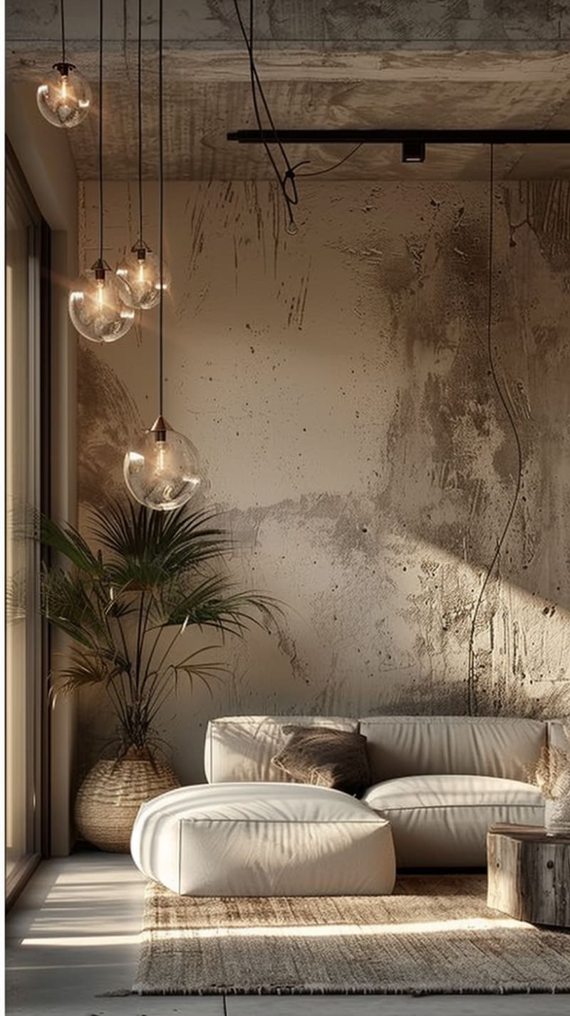 Modern industrial living room featuring glass globe pendants textured concrete wall cloud-like white sofa woven basket palm plant and natural sunlight