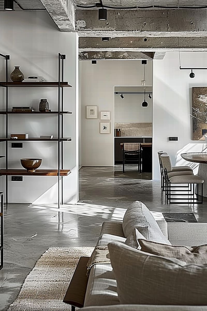 Modern industrial living room featuring polished concrete floors exposed ceiling black metal shelving grey sofa natural light minimal decor