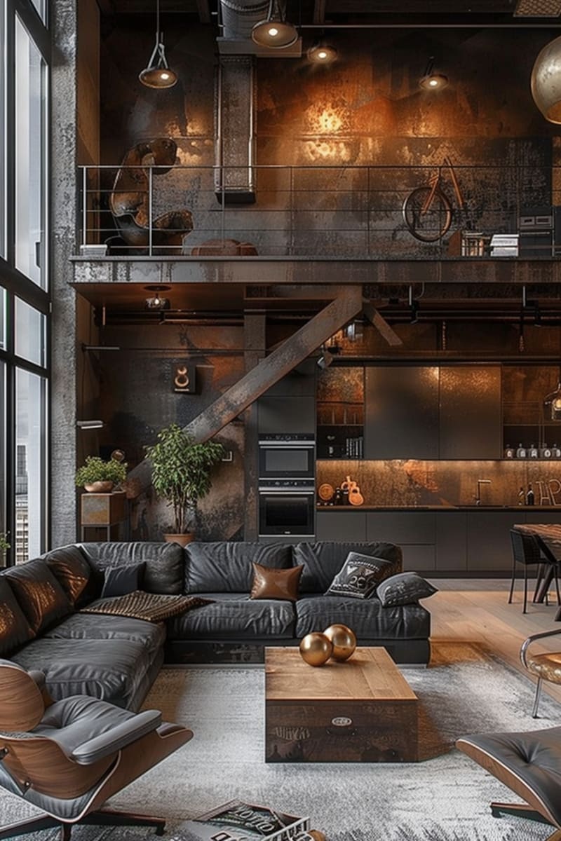 Modern industrial loft apartment with double height rustic metal walls black kitchen leather Eames lounge chair gray sectional sofa mezzanine level and floor to ceiling windows