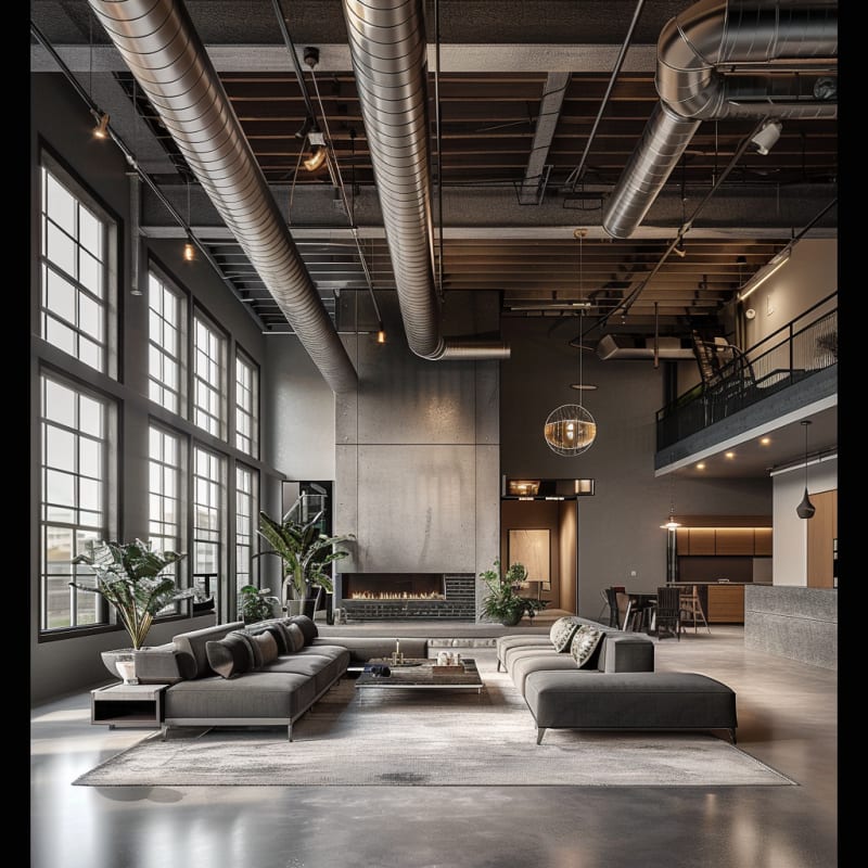 Modern industrial loft living room with double height windows exposed ductwork linear fireplace grey sectional sofa concrete walls mezzanine level and polished concrete floors