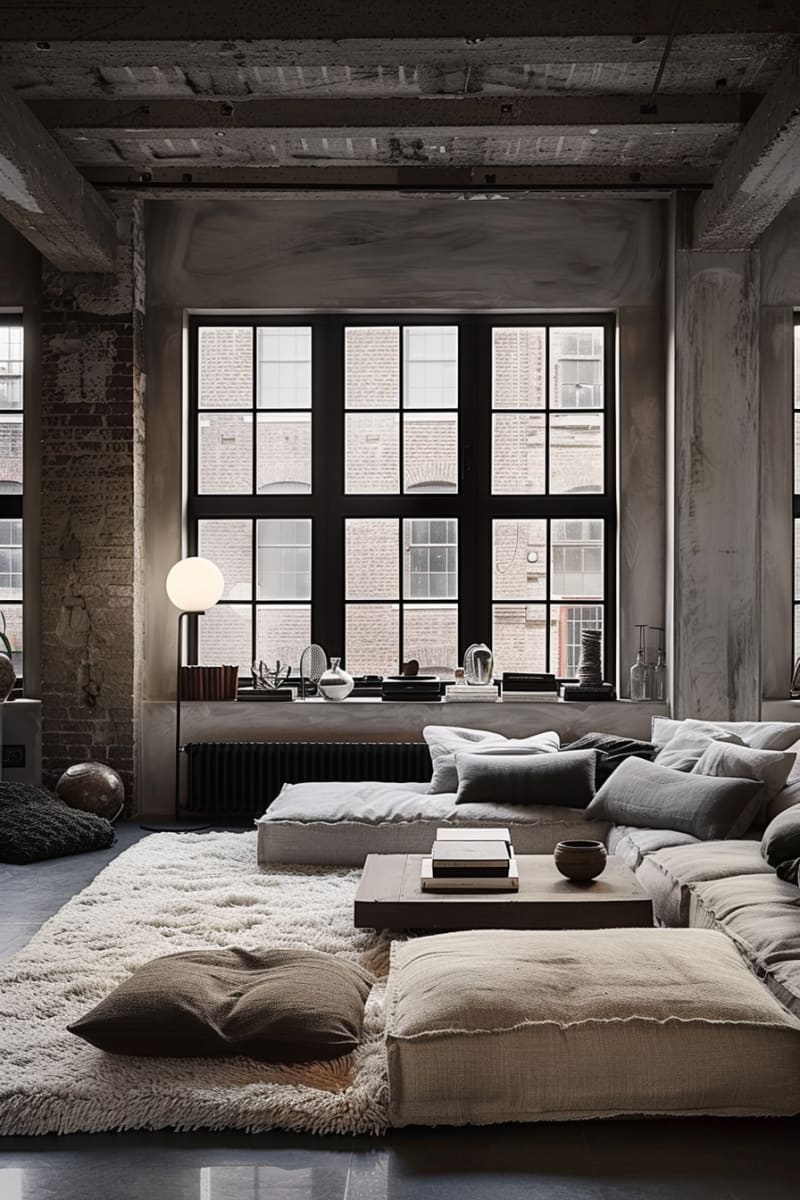 Modern industrial loft living room featuring black framed windows concrete ceiling exposed brick walls linen modular sofa shag carpet minimal decor