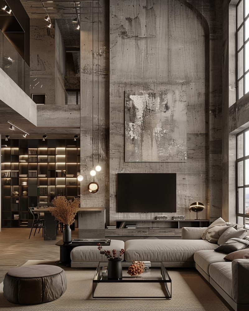 Modern industrial loft living room featuring double height concrete walls backlit library shelving modular sofa ambient lighting and minimalist decor