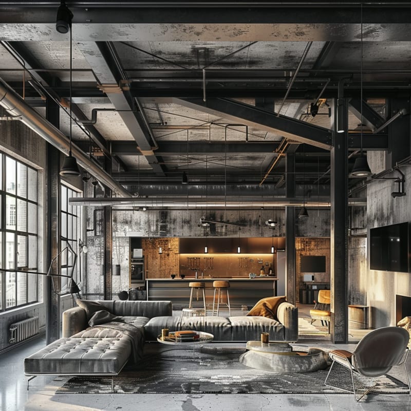 Modern industrial open plan loft with exposed ceiling concrete walls gray sectional sofa copper accents black steel beams pendant lights and integrated kitchen