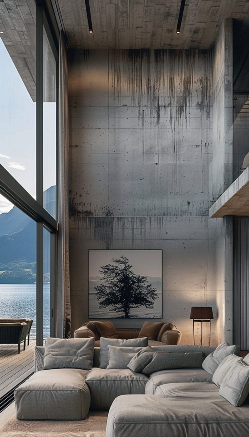 Modern lakeside living room featuring double height concrete walls floor to ceiling windows mountain view grey modular sofa black and white tree artwork