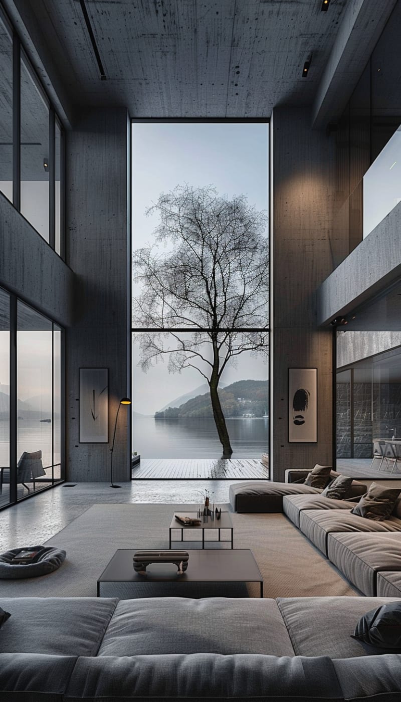 Modern lakeside living room featuring double-height window concrete walls grey modular sofa minimalist furniture and dramatic tree view