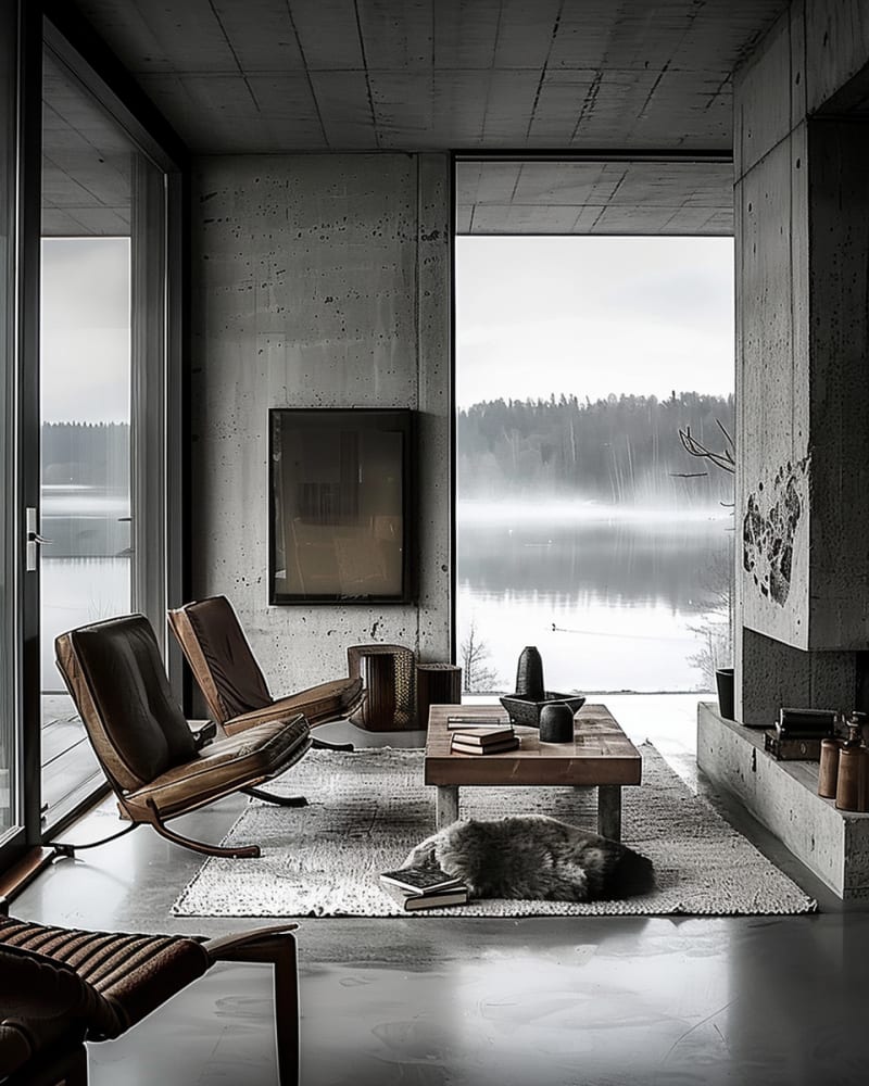 Modern lakeside living room featuring floor to ceiling windows concrete walls leather lounge chairs morning mist view and sleeping cat