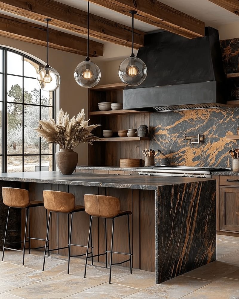 Modern luxury kitchen featuring black marble backsplash wooden beams glass globe pendants leather bar stools arched window and custom range hood