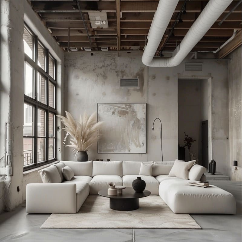 Modern minimal living room featuring cloud white sectional sofa industrial ceiling black frame windows pampas grass concrete walls and monochrome styling