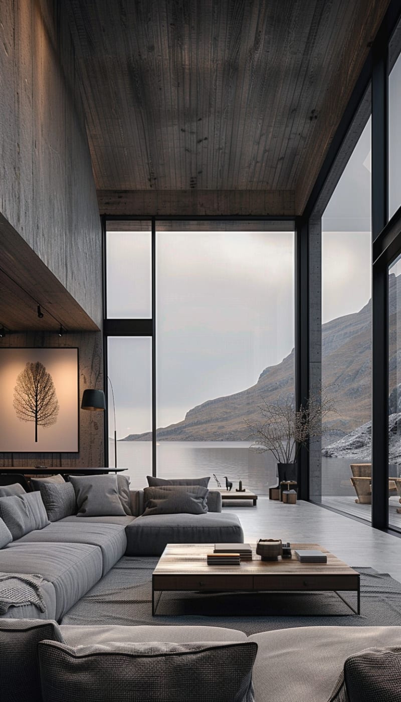 Modern minimalist living room featuring floor to ceiling windows mountain lake view grey modular sofa concrete walls wooden ceiling Scandinavian interior design