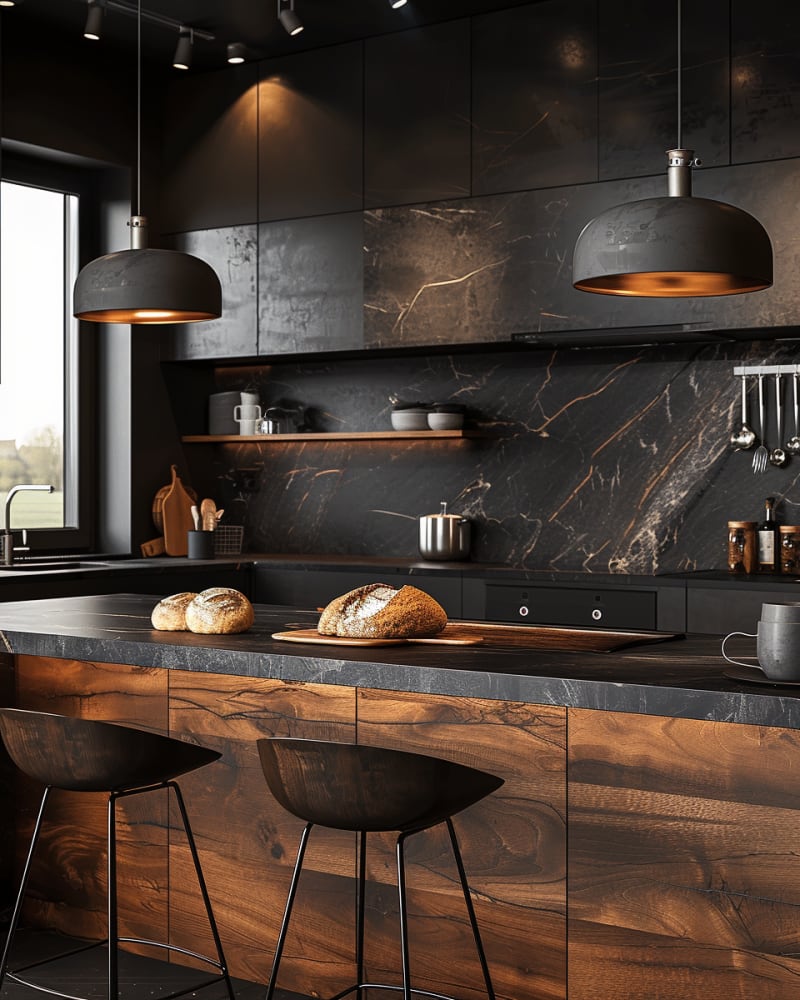 Modern rustic kitchen featuring black marble backsplash warm wood cabinetry industrial dome pendants artisanal bread and moody lighting