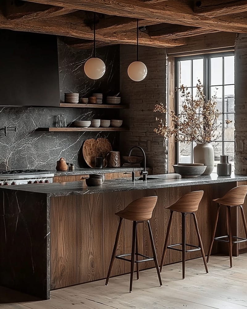Modern rustic kitchen featuring black marble backsplash wooden ceiling beams globe pendant lights floating shelves vintage ceramics and natural textures