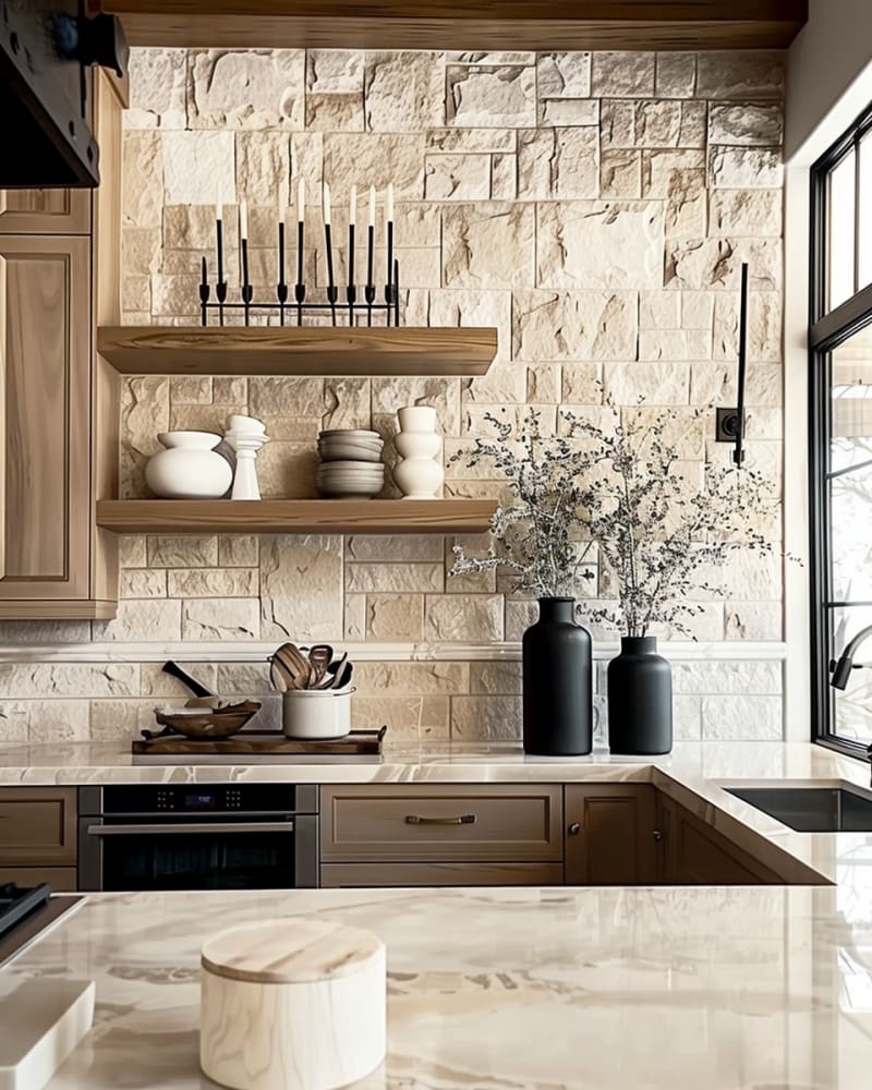 Modern rustic kitchen featuring textured limestone walls floating wooden shelves cream cabinetry marble countertops black accents and minimalist ceramic decor
