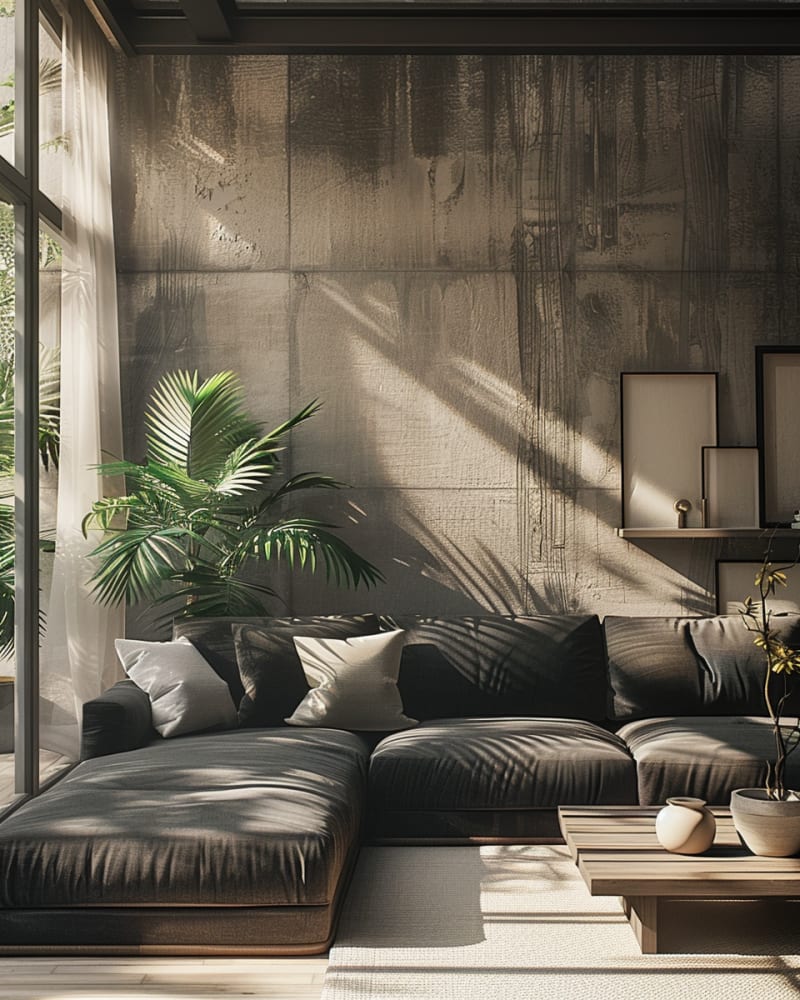 Modern tropical living room featuring concrete walls palm shadows dark sectional sofa floor to ceiling windows natural light and minimal decor