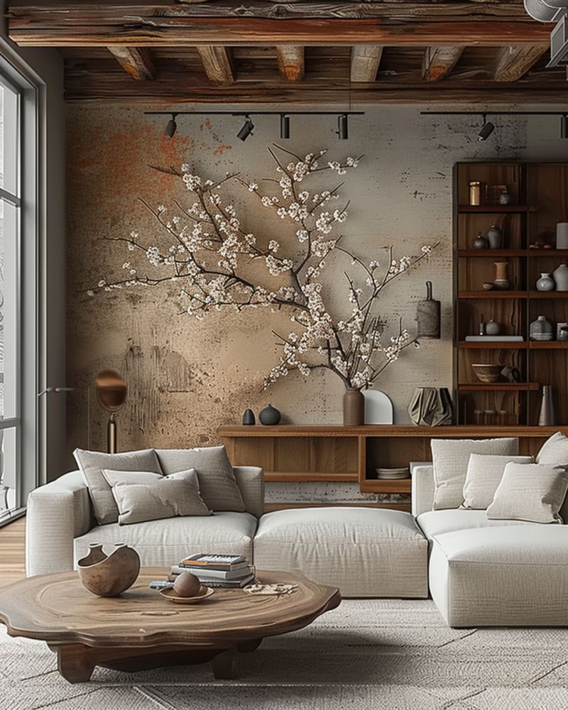 Modern zen living room featuring cherry blossom branch concrete wall wooden shelving cream sectional sofa organic coffee table and minimal decor