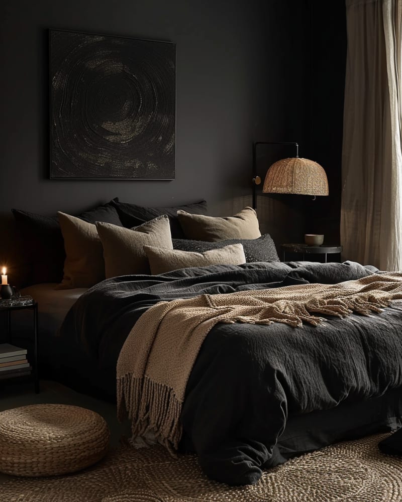 Moody dark bedroom with black walls, textured linen bedding, rattan pendant light, natural textures and warm accents