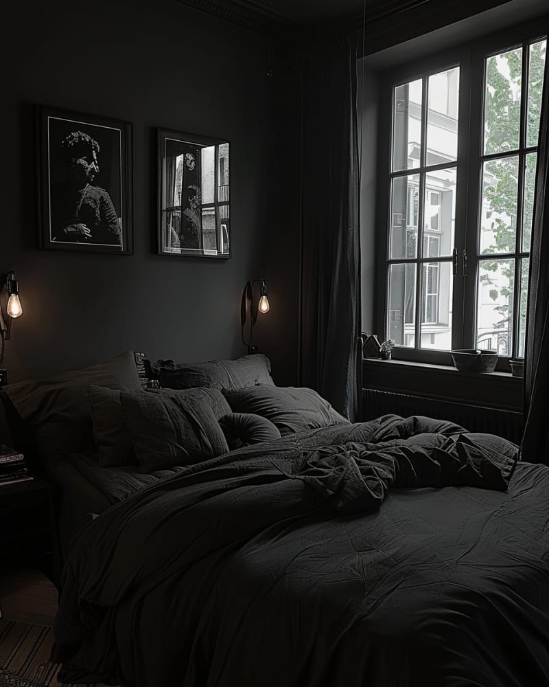 Moody dark bedroom with black walls, vintage sconces, portrait art, textured bedding, natural light window, monochromatic