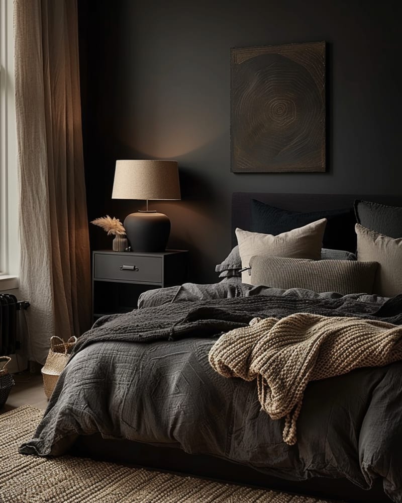 Moody dark bedroom with charcoal walls, beige curtains, textured bedding, ambient table lamp, abstract wall art, cozy design