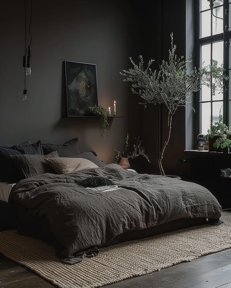 Moody dark bedroom with charcoal walls, linen bedding, olive tree, natural jute rug, pendant lights and abstract art