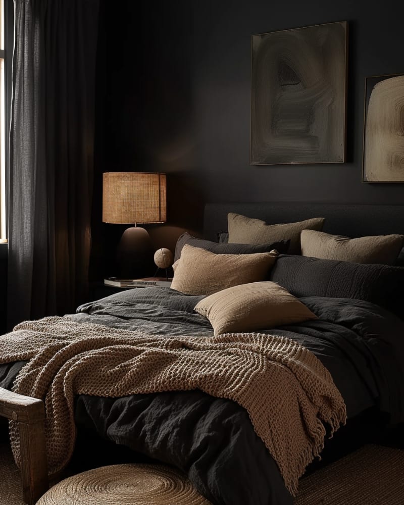 Moody dark bedroom with charcoal walls, woven lamp, textured bedding, abstract art, and warm beige accents