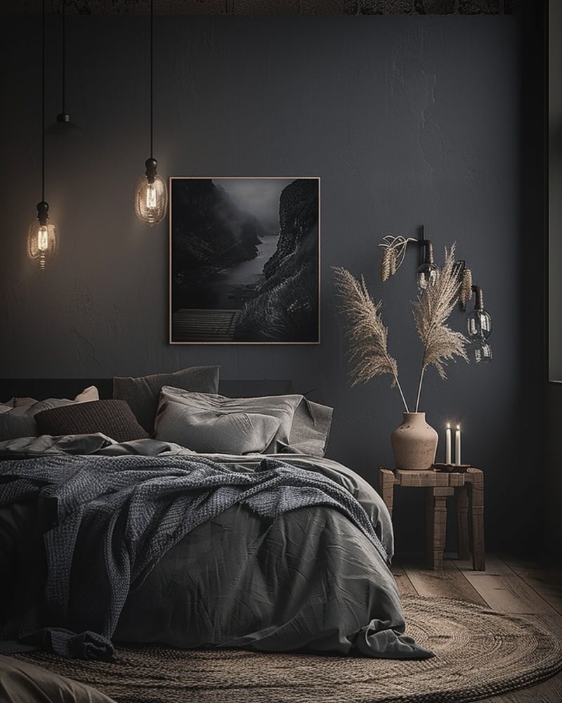 Moody dark bedroom featuring charcoal walls, ambient Edison pendants, textured bedding, black and white artwork, natural jute rug, dried pampas grass, minimalist design