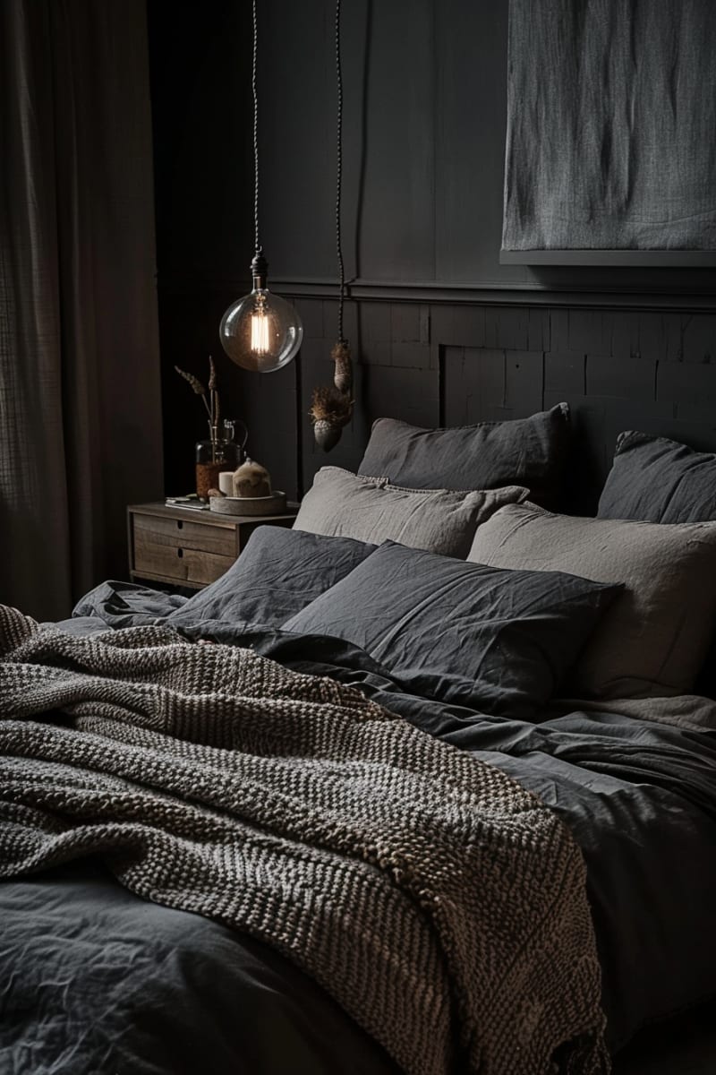 Moody dark bedroom with industrial pendant light, linen bedding, textured throw, black paneled walls, minimalist decor