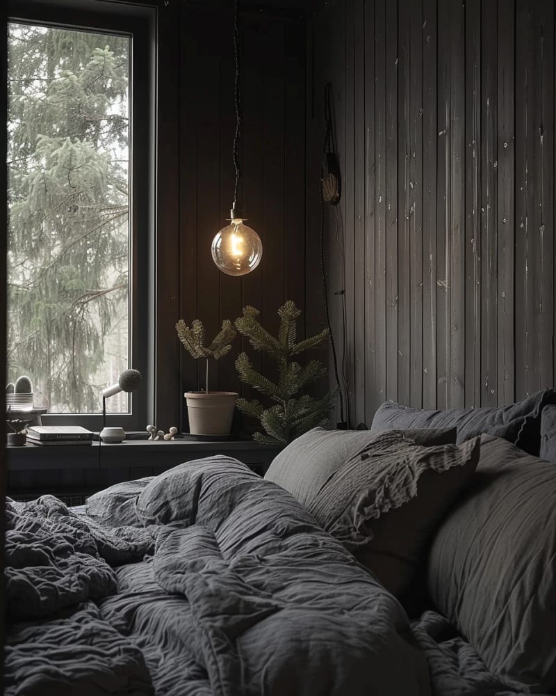 Moody dark bedroom with textured linen bedding, pendant light, wood paneling, large window, minimalist Scandinavian design
