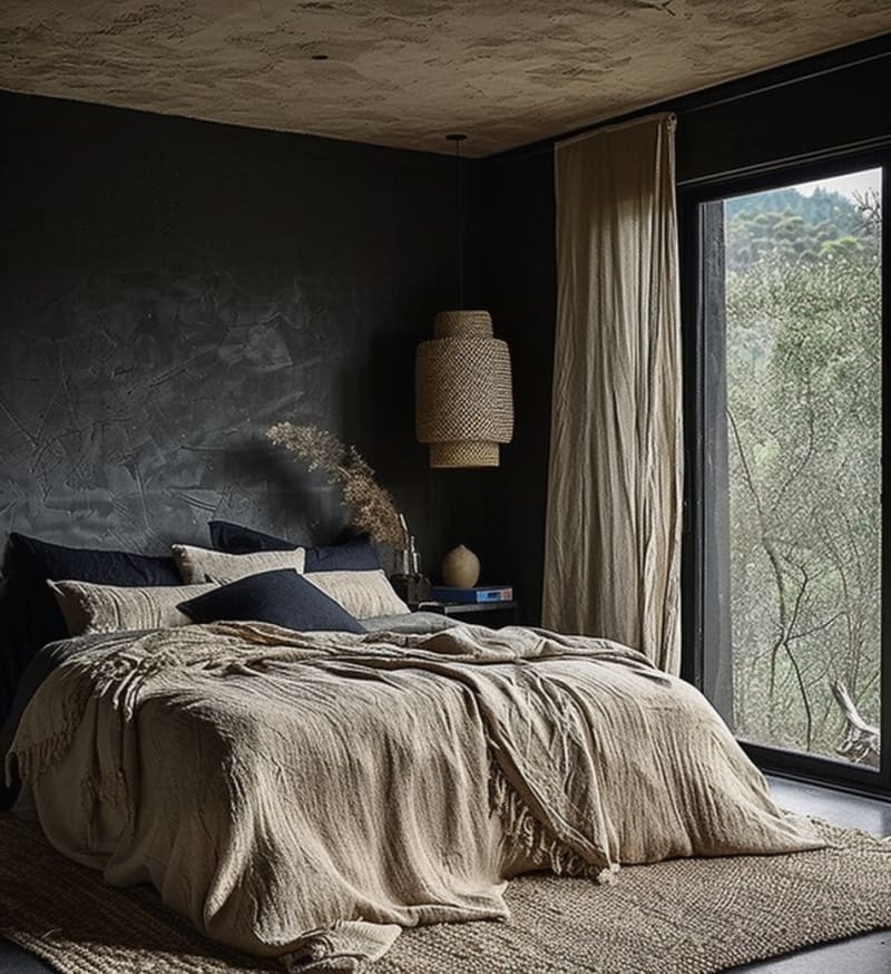 Moody dark bedroom with textured walls, natural woven pendant, linen bedding, floor-to-ceiling window, and organic textures