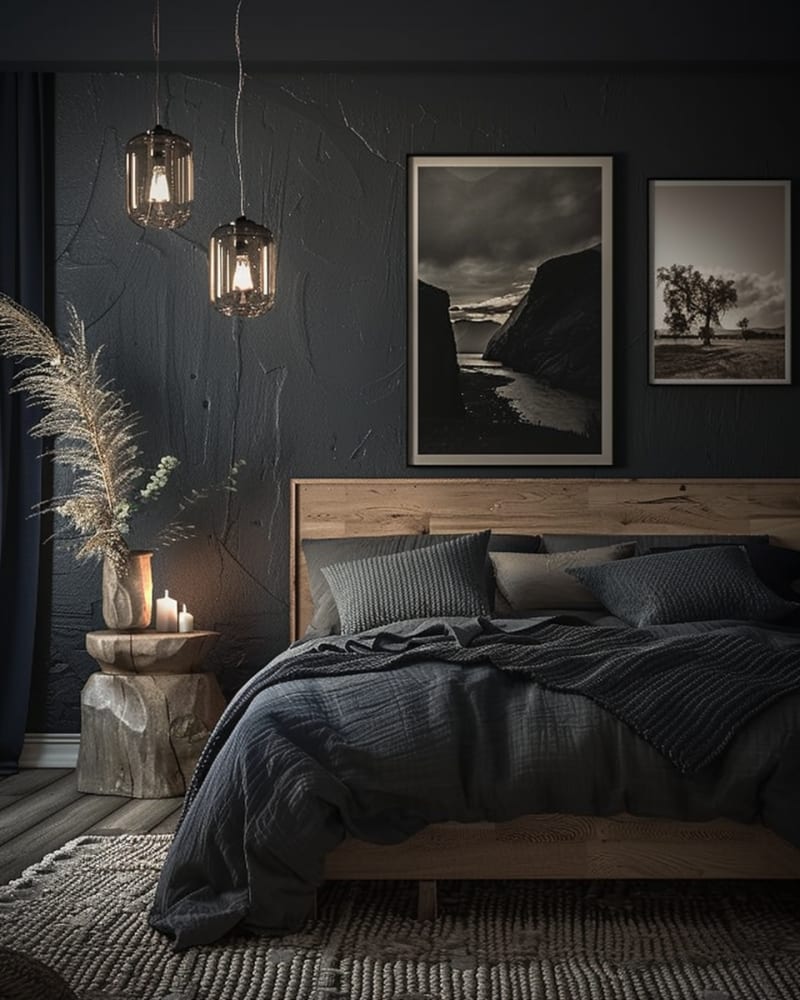 Moody dark bedroom with wooden headboard, glass pendant lights, textured walls, black and white artwork, natural textures, and ambient lighting