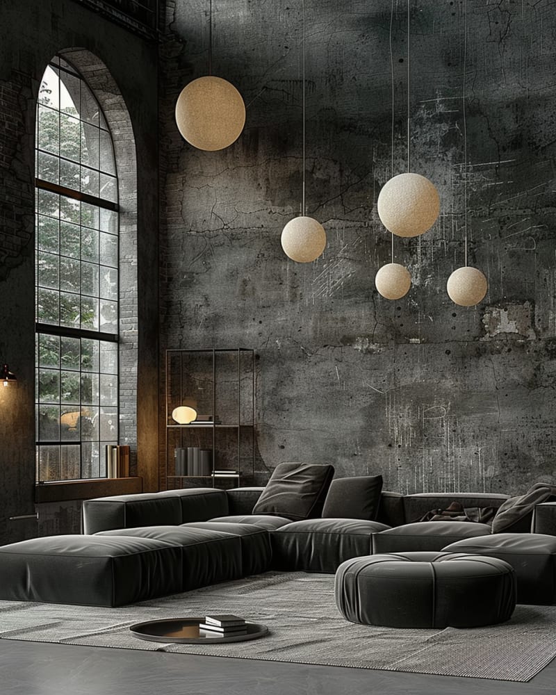 Moody industrial living room featuring arched window concrete walls floating globe lights modular leather sofa dramatic natural light