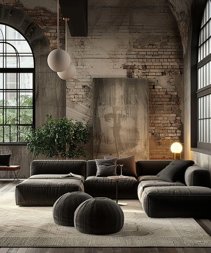 Moody industrial living room featuring arched windows exposed brick walls velvet sectional sofa globe pendant lights black poufs and indoor plants