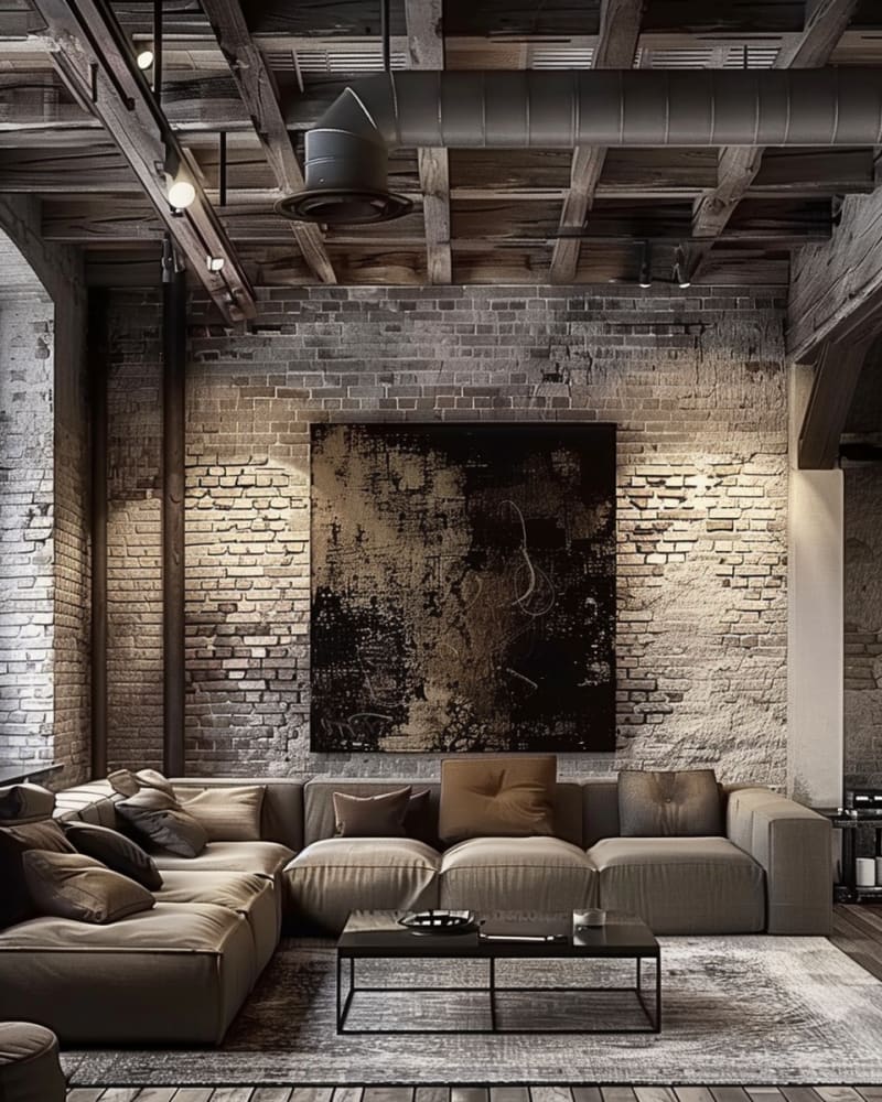 Moody industrial living room featuring exposed brick walls dramatic black artwork modular grey sofa beam ceiling accent lighting and minimal decor