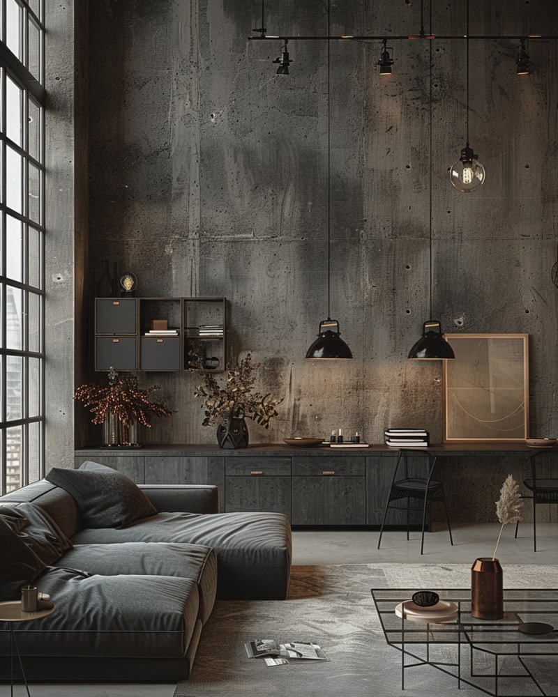 Moody industrial living room featuring textured concrete walls industrial windows grey lounge sofa black pendant lights geometric storage and copper accents