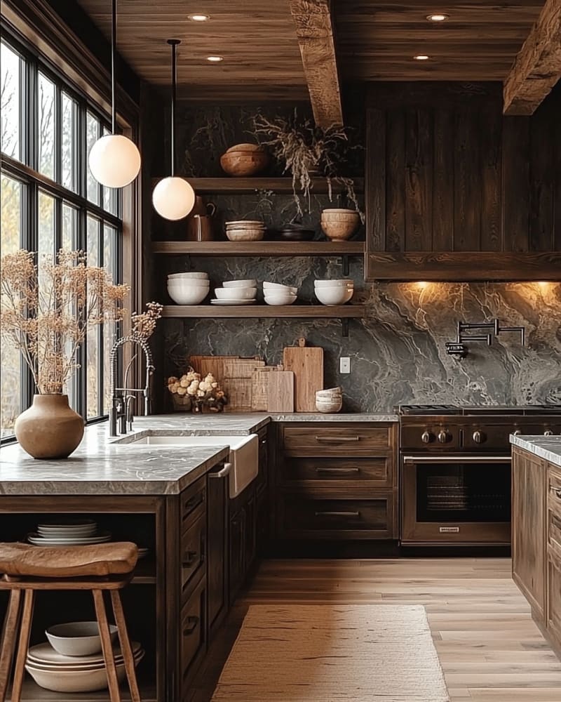 Moody rustic kitchen featuring dark wood cabinetry marble backsplash globe pendant lights wooden open shelving farmhouse sink and handcrafted ceramics