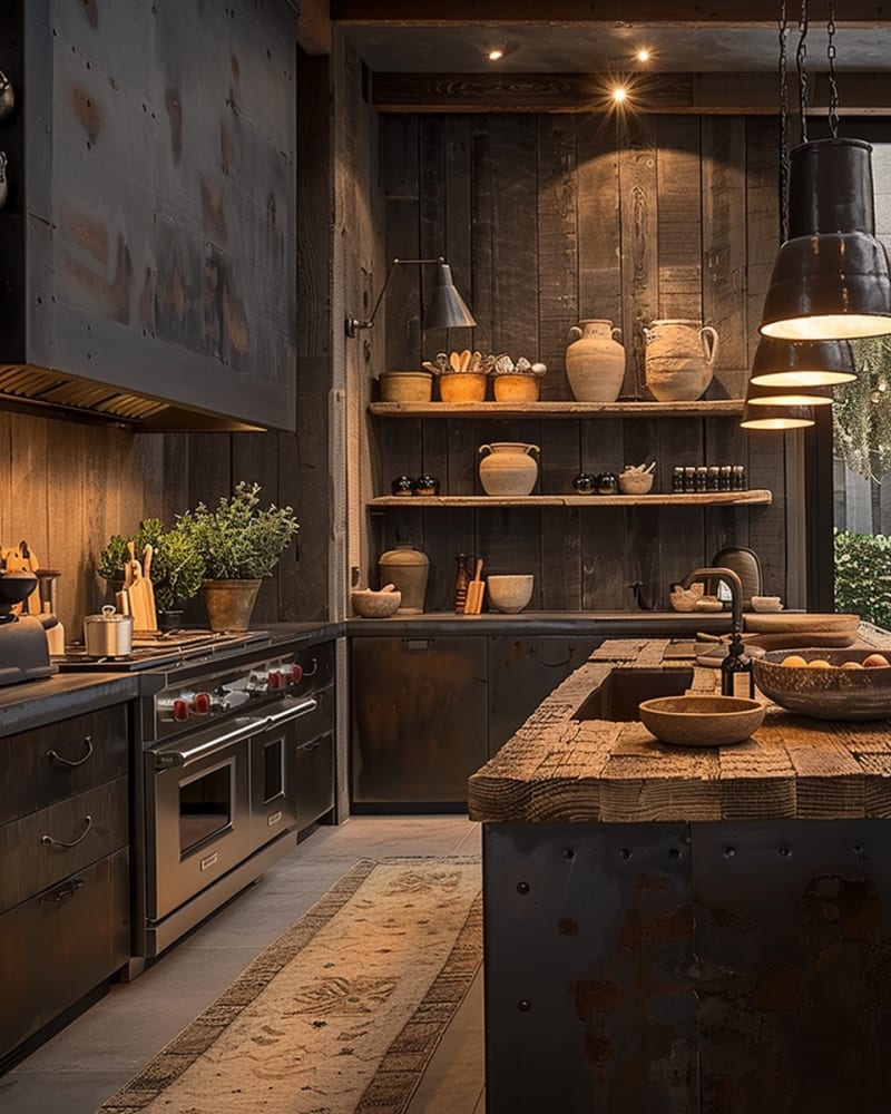 Moody rustic kitchen featuring weathered wood countertop black industrial pendants dark cabinetry artisanal ceramics and vintage accessories