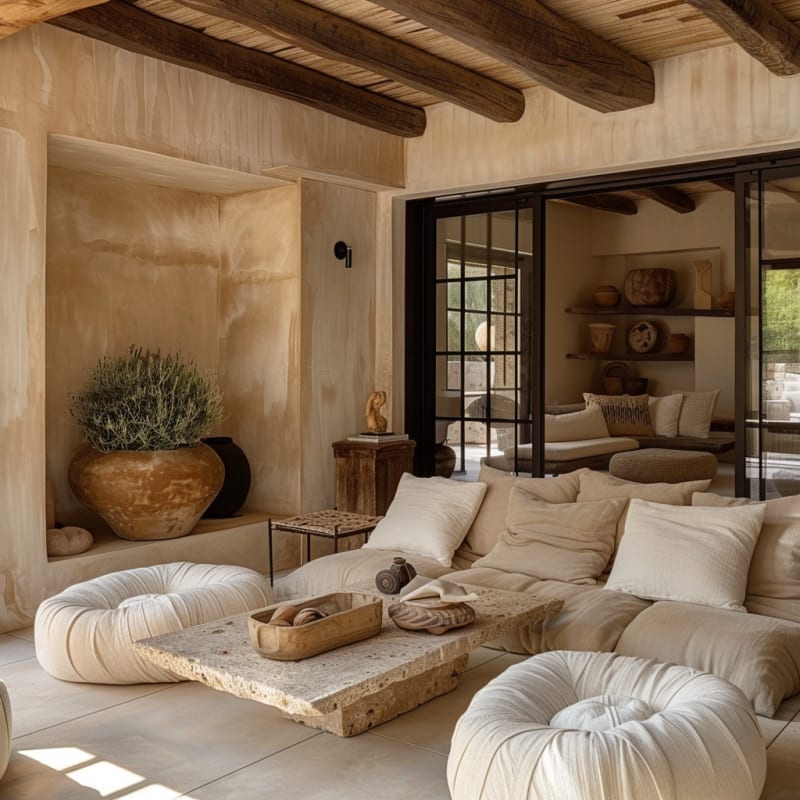 Organic Mediterranean living room with plaster walls, wooden beams, and sculptural lounge seating in natural earth tones